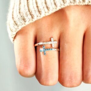 Elegant Silver and Blue Cross Ring, Cubic Zirconia Cross Ring, Double Cross Ring